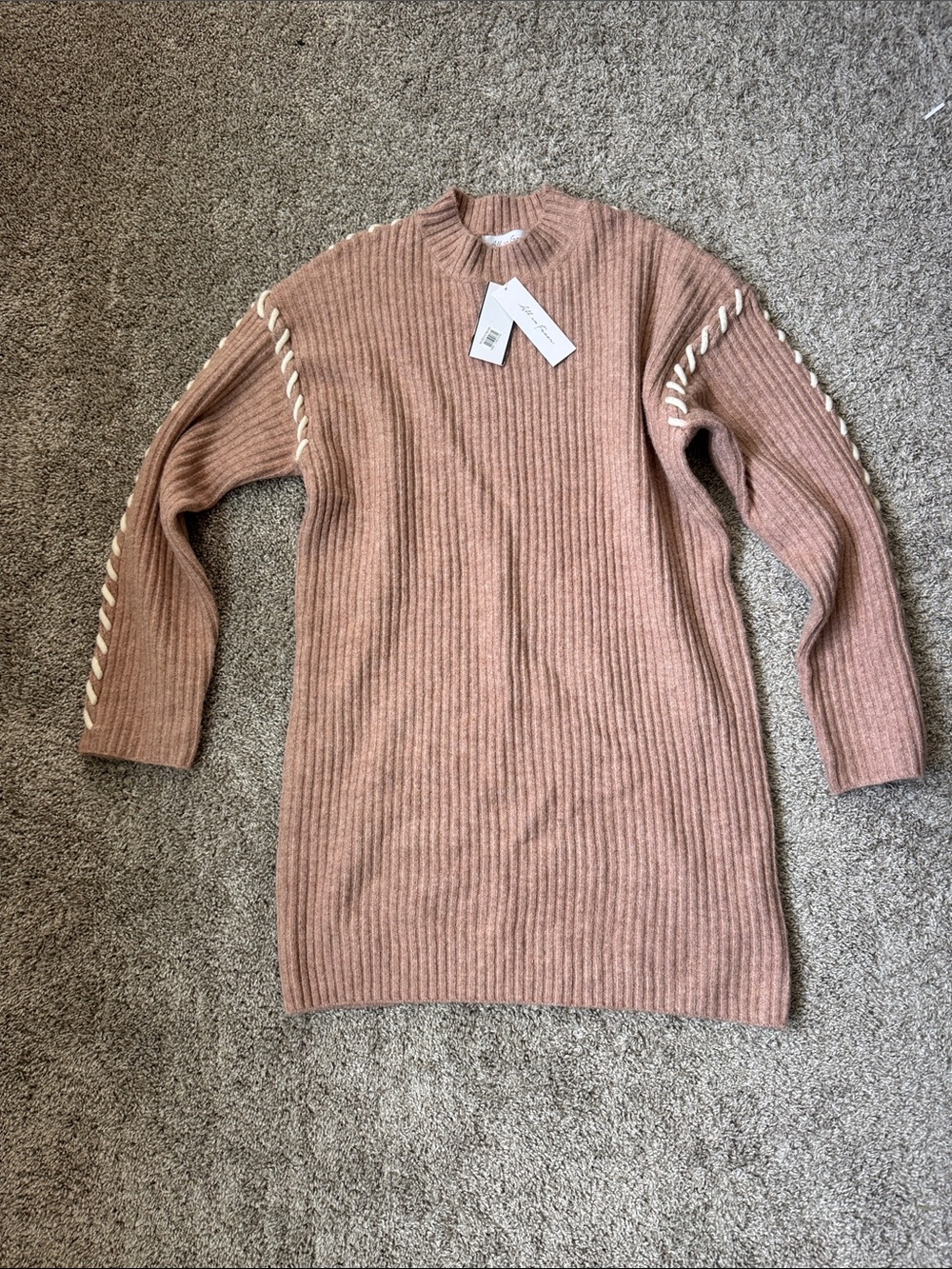 All in Favor Dusty Rose Ribbed Crewneck Sweater Dress with Cream Braid Detail